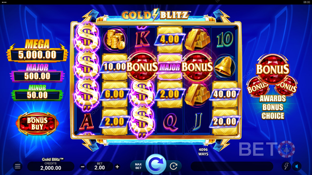 รางวัลเงินสดสามารถชนะได้ในเกมหลักในสล็อตแมชชีน Gold Blitz