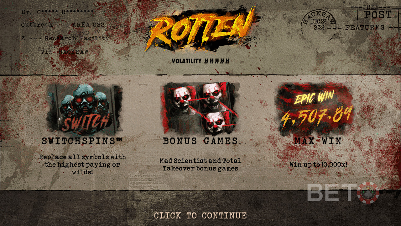 เพลิดเพลินไปกับ SwitchSpins ฟรีสปิน และอีกมากมายในสล็อต Rotten โดย Hacksaw Gaming