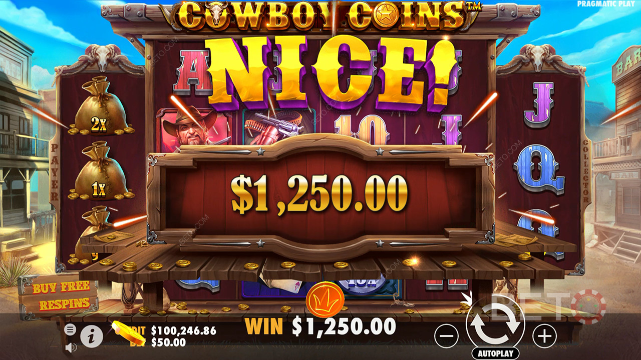 รับรางวัล 30,000 เท่าของเดิมพันของคุณในสล็อตวิดีโอ Cowboy Coins!