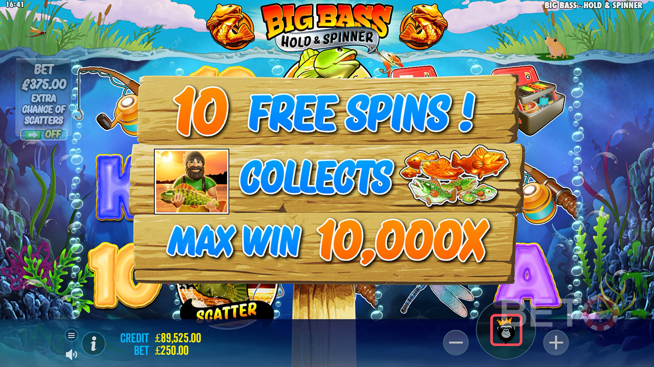 ชนะรางวัล 10,000 เท่าของเงินเดิมพันของคุณในสล็อตวิดีโอ Big Bass Bonanza Hold and Spinner!
