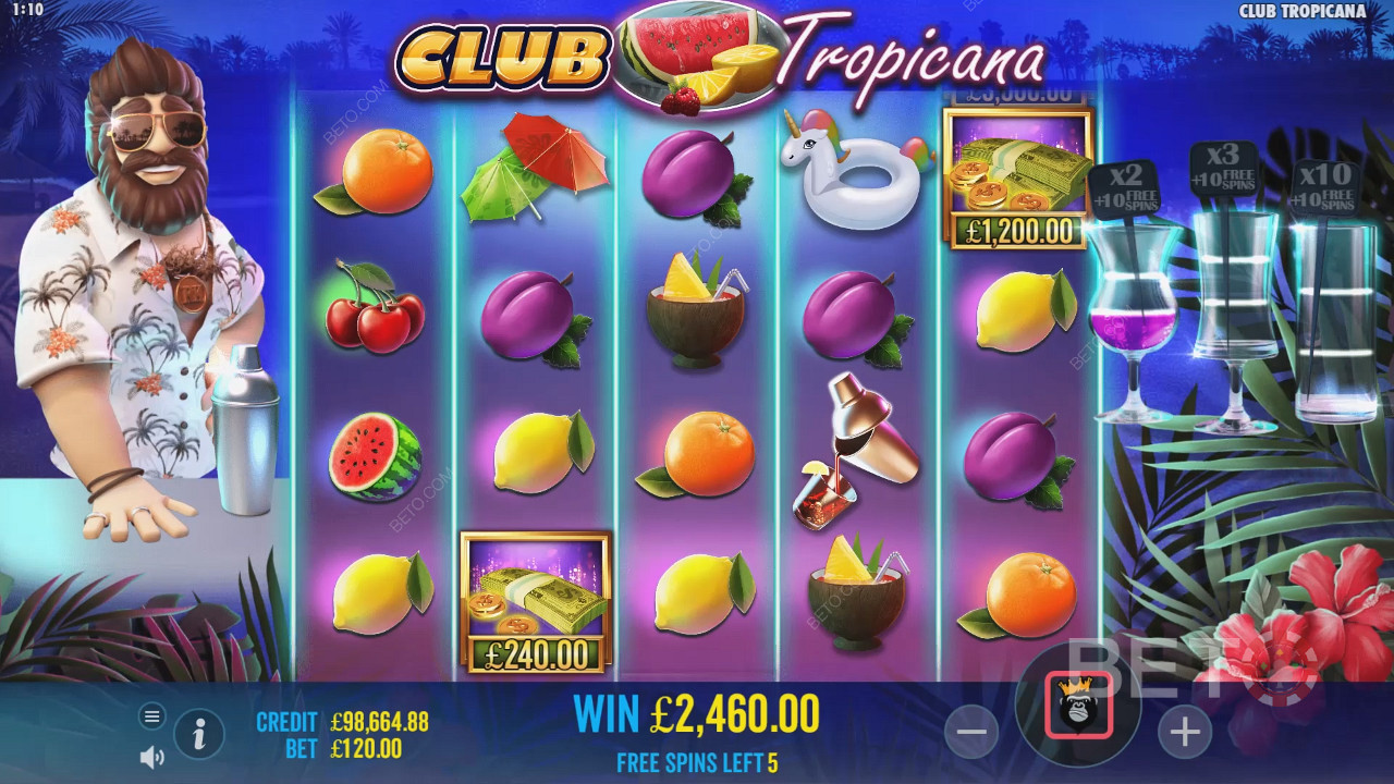 รับโอกาสในการรวบรวมสัญลักษณ์เงินในฟรีสปินในช่อง Club Tropicana