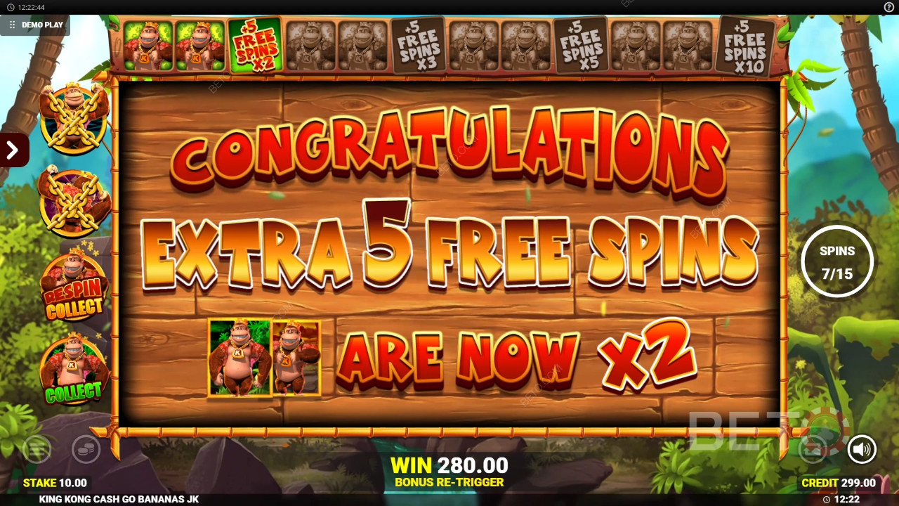 ลุ้นรับรางวัล 50,000 เท่าของเงินเดิมพันของคุณในเกมสล็อต King Kong Cash Go Bananas!