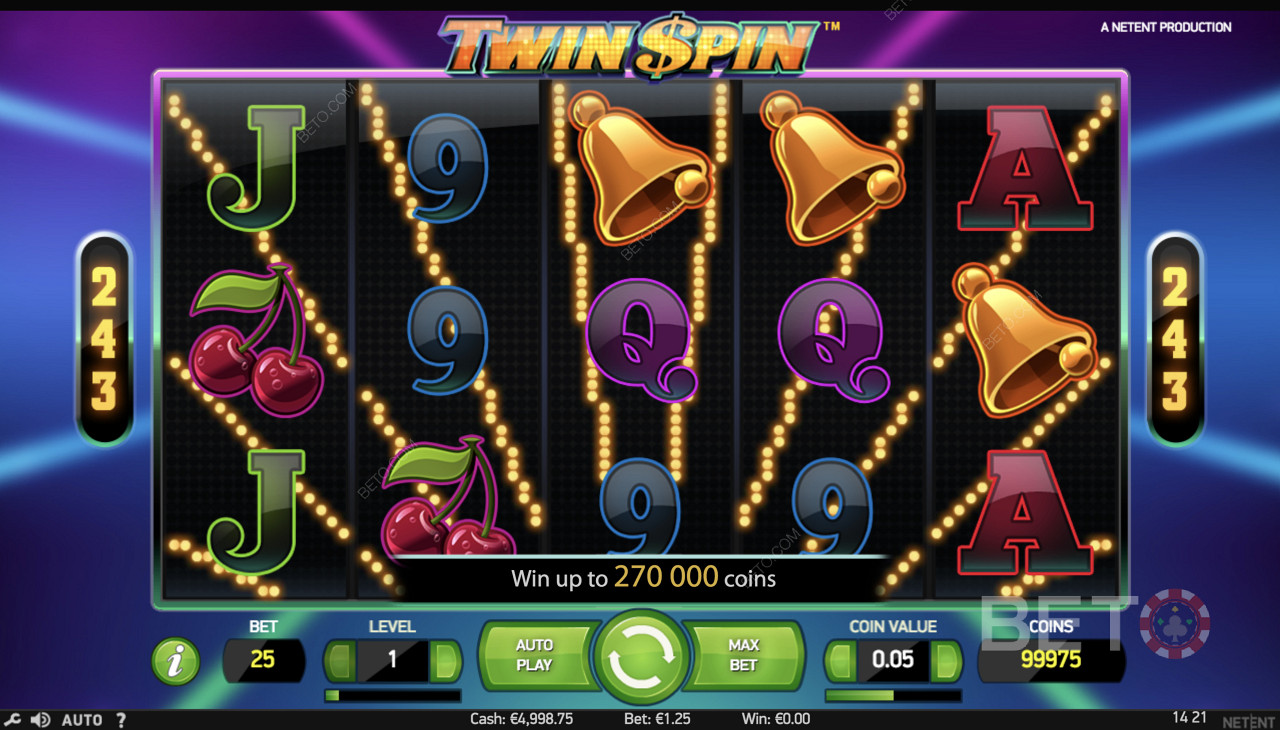 Twin Spin - การเล่นเกมที่เรียบง่ายพร้อมสัญลักษณ์ต่างๆ เช่น ระฆัง เชอร์รี่ และสัญลักษณ์อื่นๆ