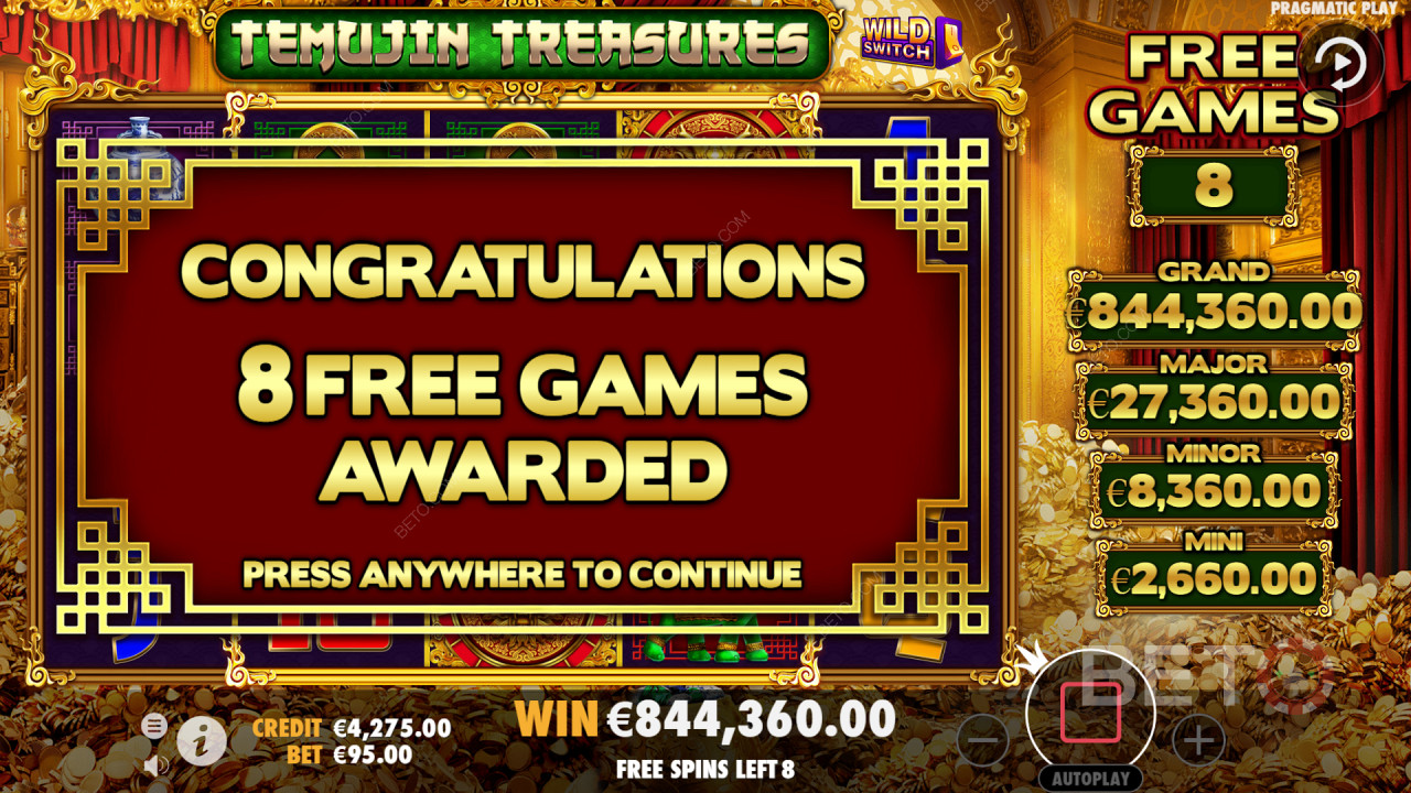 คุณสมบัติโบนัสเช่น Lucky Wheel สามารถชนะคุณหมุนฟรีใน Temujin Treasures