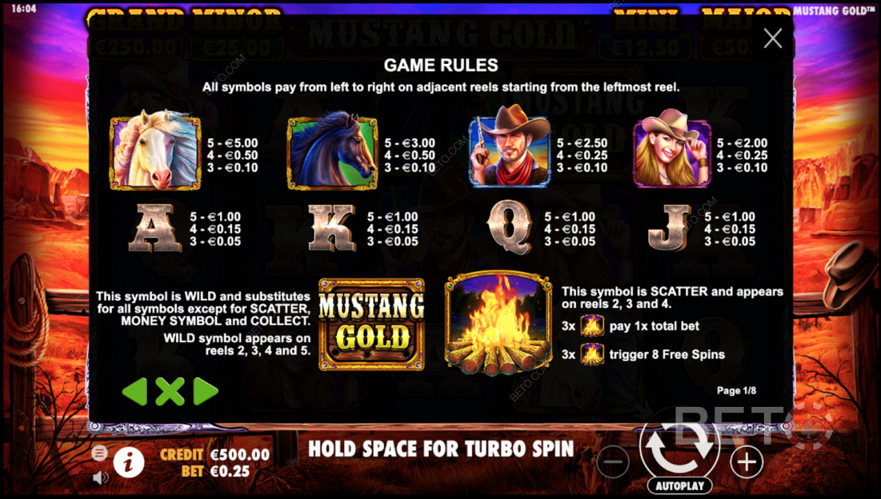 กฎของเกมสล็อตออนไลน์ Mustang Gold