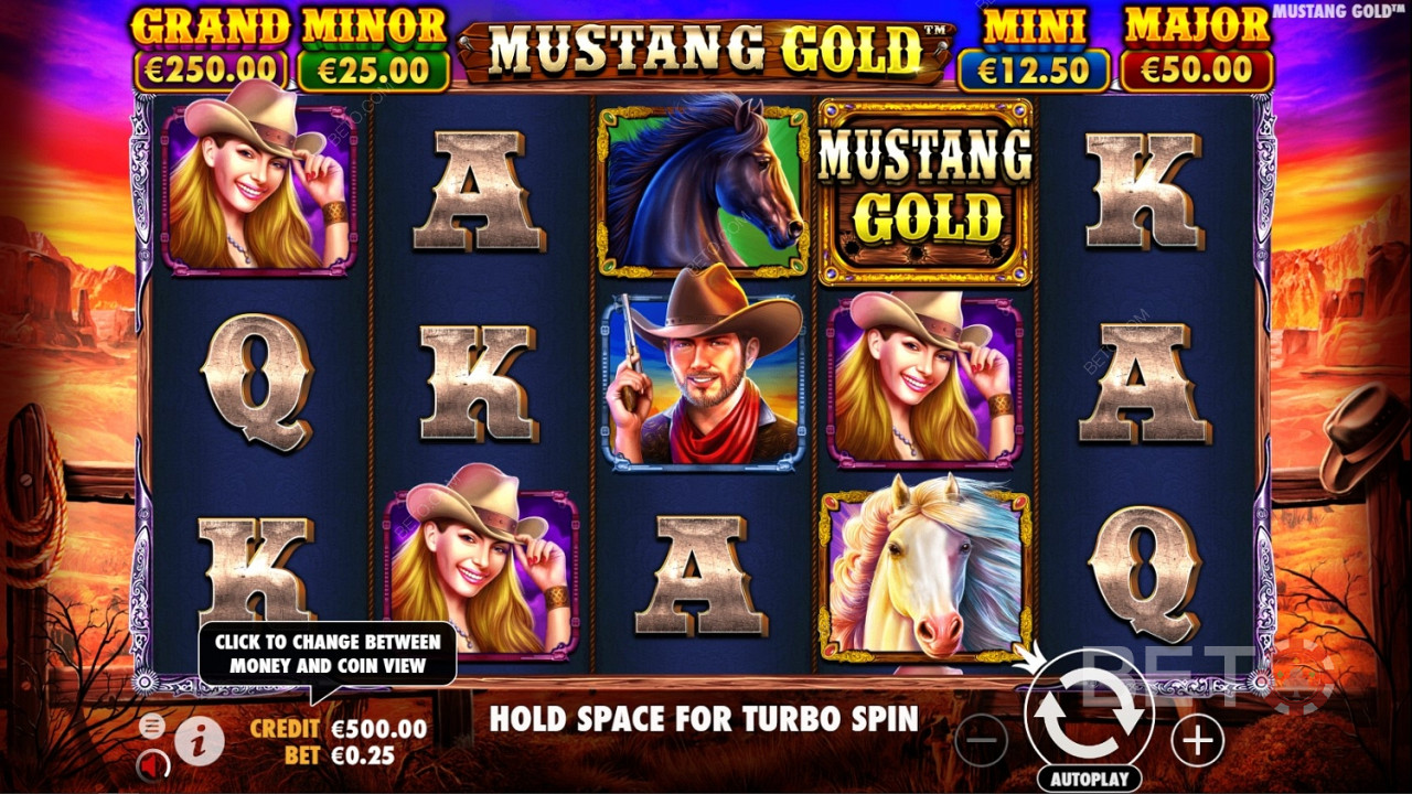 สัญลักษณ์ Wild คือโลโก้ของเกมใน Mustang Gold Online Slot