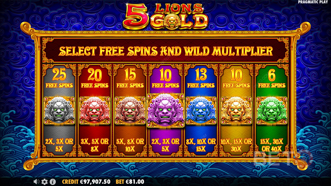 คำอธิบายฟีเจอร์โบนัสใน 5 Lions Gold โดย Pragmatic Play