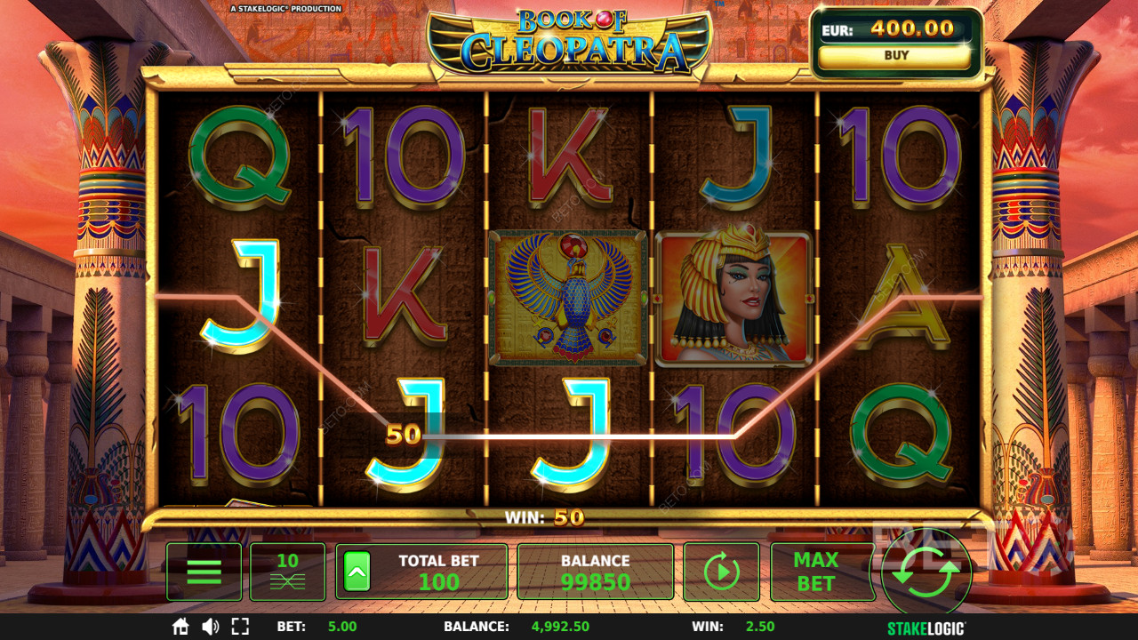 ฟีเจอร์โบนัสอธิบายไว้ใน Book of Cleopatra โดย StakeLogic