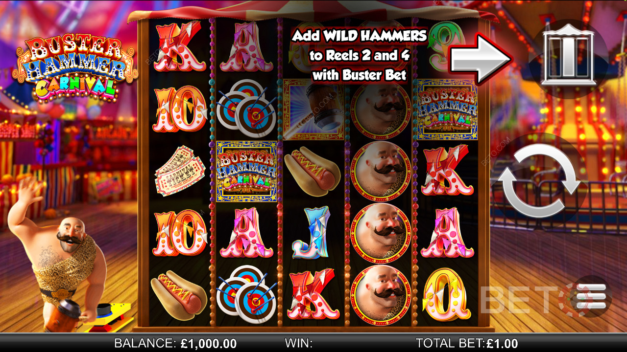 Buster Hammer Carnival - สัมผัสประสบการณ์อันยิ่งใหญ่ฟรีสปินและฟีเจอร์ Gold Wild Hammer - สล็อตจาก Reel Play