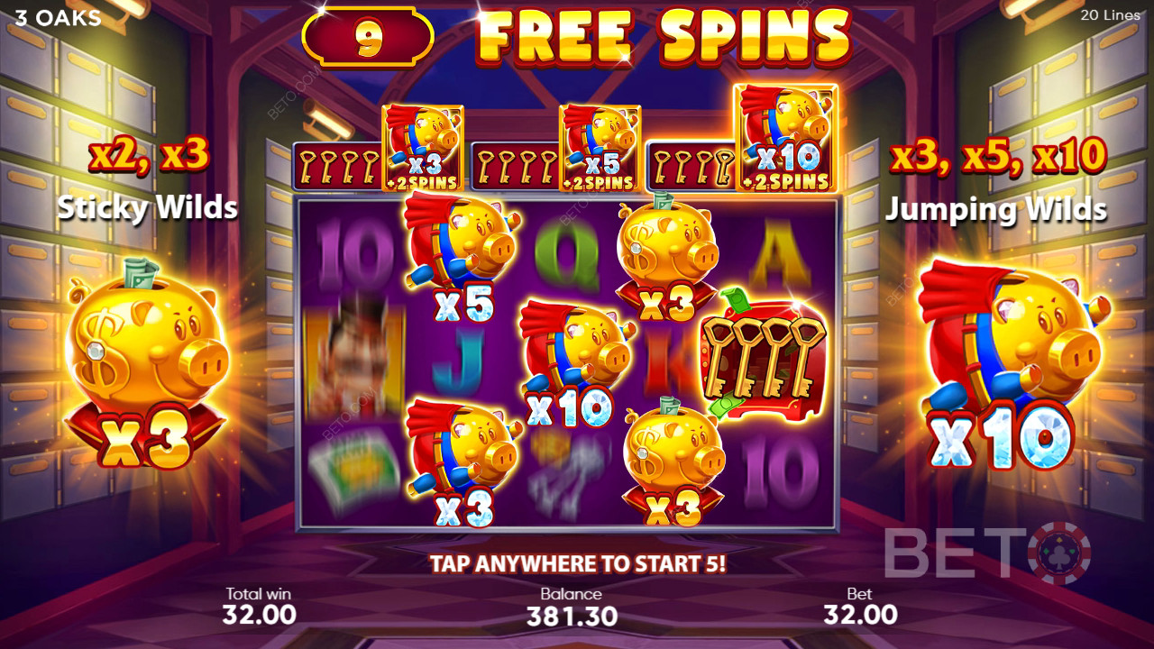 คำอธิบายฟีเจอร์โบนัสใน Super Sticky Piggy โดย 3 Oaks Gaming