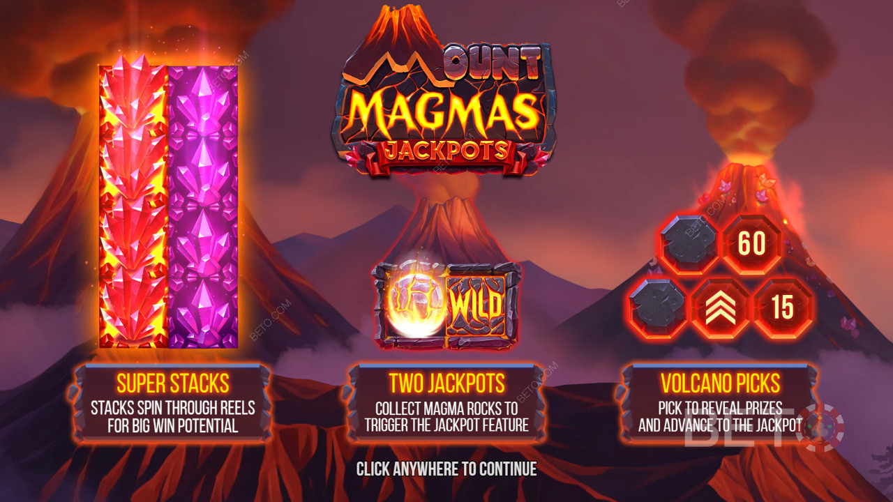 สนุกกับ Super Stacks, 2 jackpots และ Volcano Bonus ในสล็อต Mount Magmas