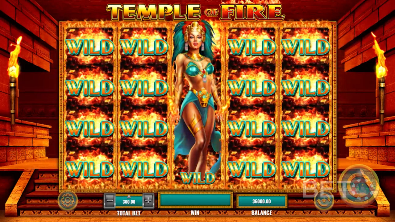 พายุแห่ง Wilds ทำให้เกิดการหมุนฟรีกับเทพธิดา Aztec ที่สวยงาม - Temple of Fire
