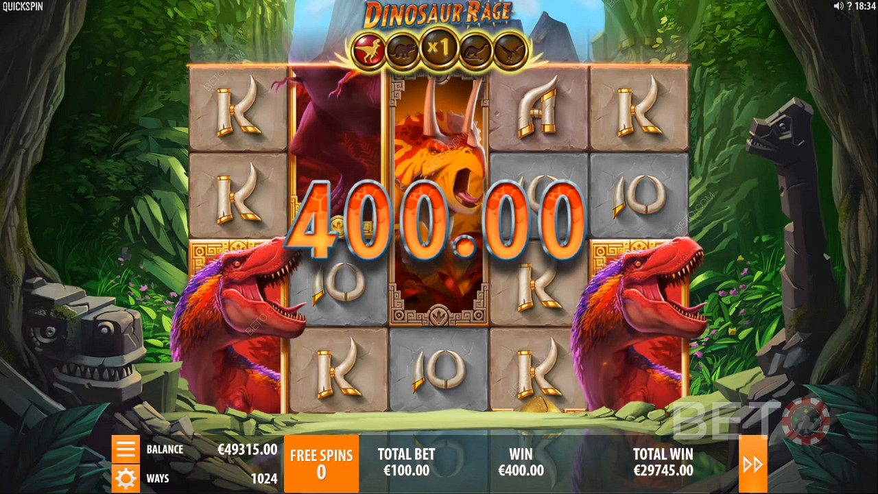 รับรางวัลมูลค่า 400 เหรียญในเกม Dinosaur Rage Slot Machine