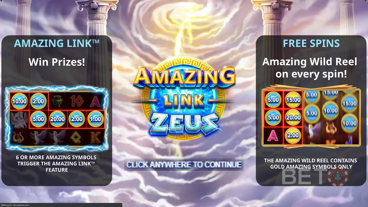 หน้าจอแนะนำ Amazing Link Zeus แสดงโบนัสฟรีสปิน
