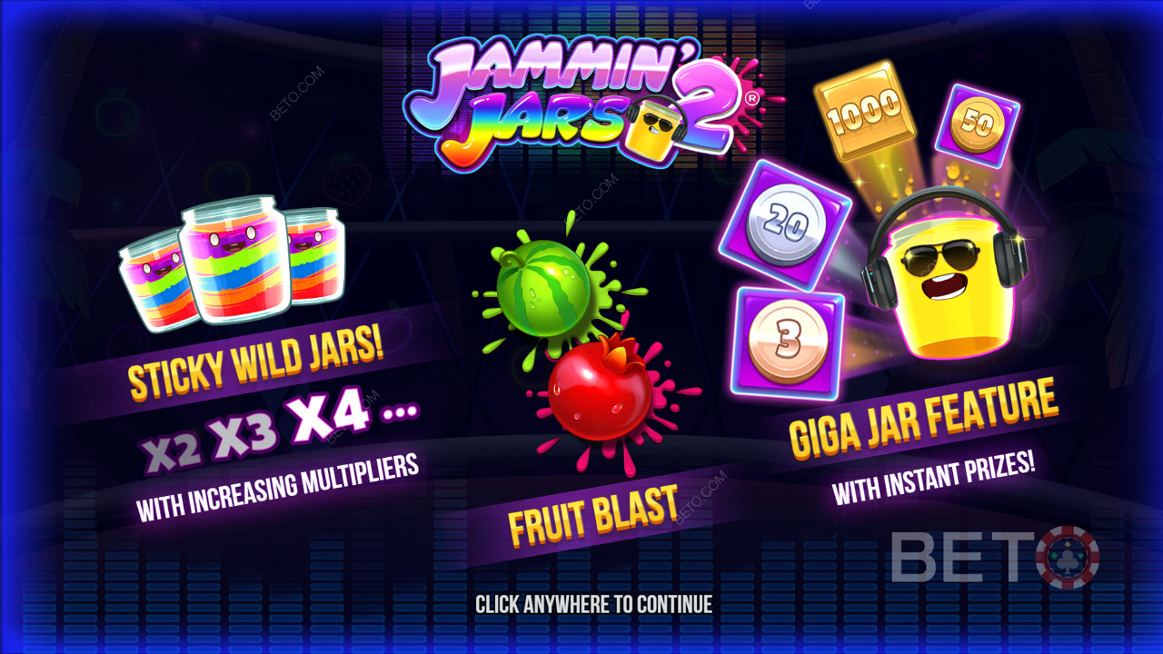 เพลิดเพลินไปกับ Wilds เหนียว คุณสมบัติ Fruit Blast และ Giga Jar Spins ใน Jammin Jars 2 slot