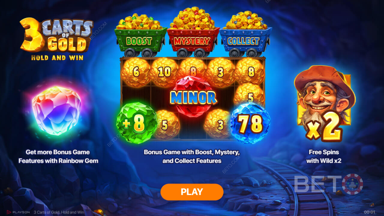 อธิบายฟีเจอร์โบนัสใน 3 Carts of Gold: Hold and Win โดย Playson
