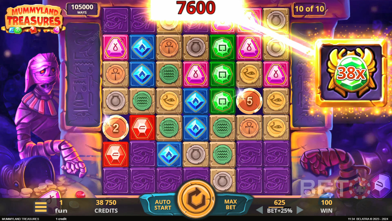 ชนะ 25,000 เท่าของเงินเดิมพันของคุณในวิดีโอสล็อต Mummyland Treasures!