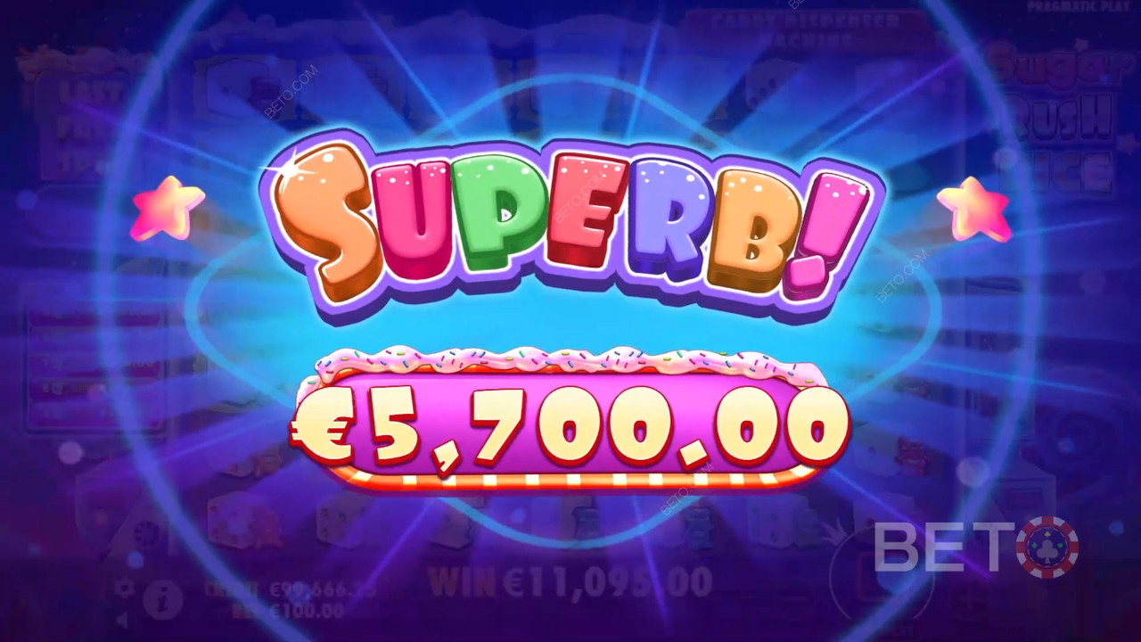 รับรางวัล 5,000 เท่าของเดิมพันของคุณในสล็อตวิดีโอ Sugar Rush Dice!