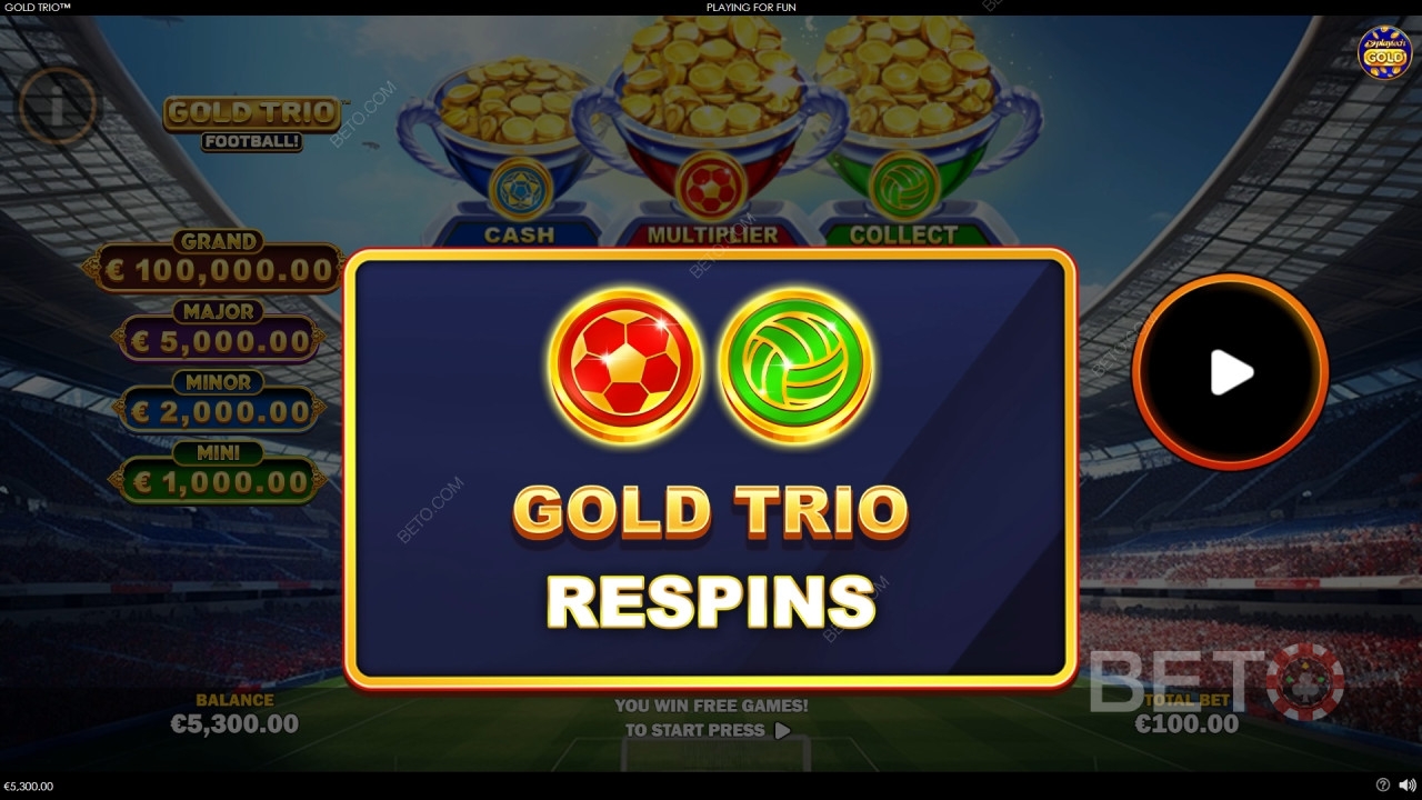 อธิบายฟีเจอร์โบนัสใน Gold Trio: Football! โดย Playtech