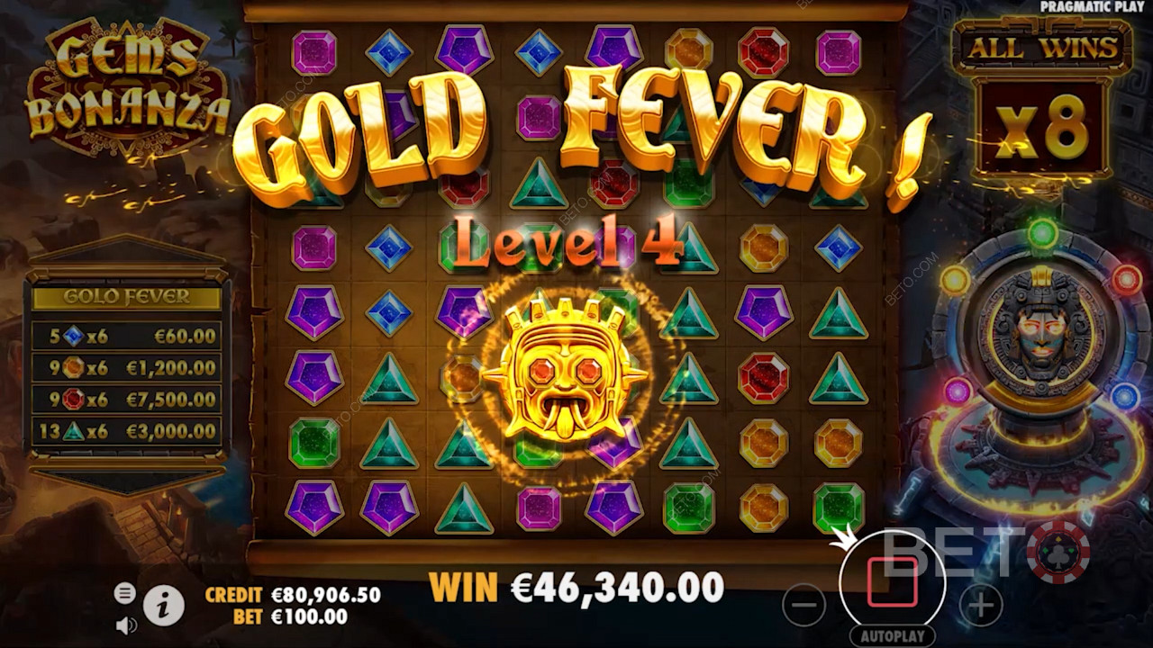 สะสมสัญลักษณ์ที่ชนะอย่างน้อย 114 สัญลักษณ์เพื่อปลดล็อกโบนัส Gold Fever Progressive