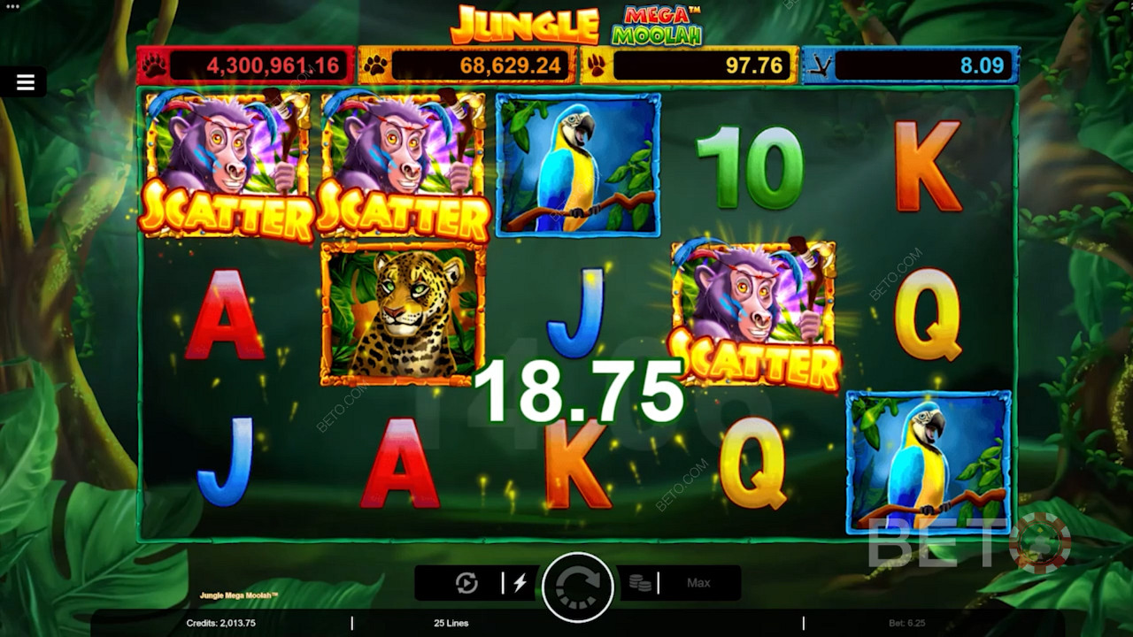 L และ 3 Monkey Scatter เพื่อกระตุ้นการหมุน F ในเกมสล็อตออนไลน์ Jungle Mega Moolah