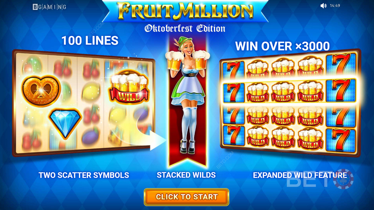 เล่นมากกว่า 100 ไลน์สล็อตและรับรางวัลมากถึง 3000x เงินเดิมพันของคุณใน Fruit Million