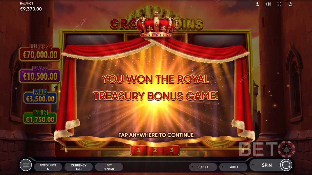 ชนะรางวัล 2,500 เท่าของเงินเดิมพันของคุณในเกมสล็อต Crown Coins ออนไลน์!