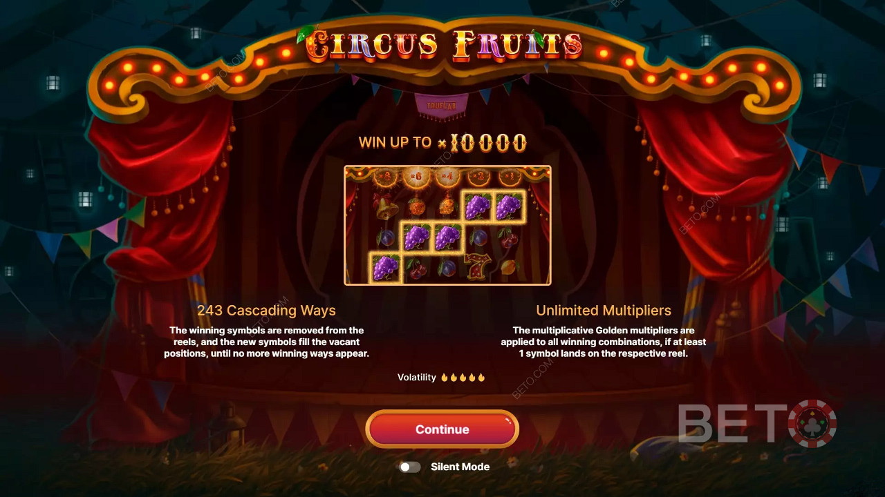 หน้าจอแนะนำธีมที่ได้รับแรงบันดาลใจจาก Circus Fruits