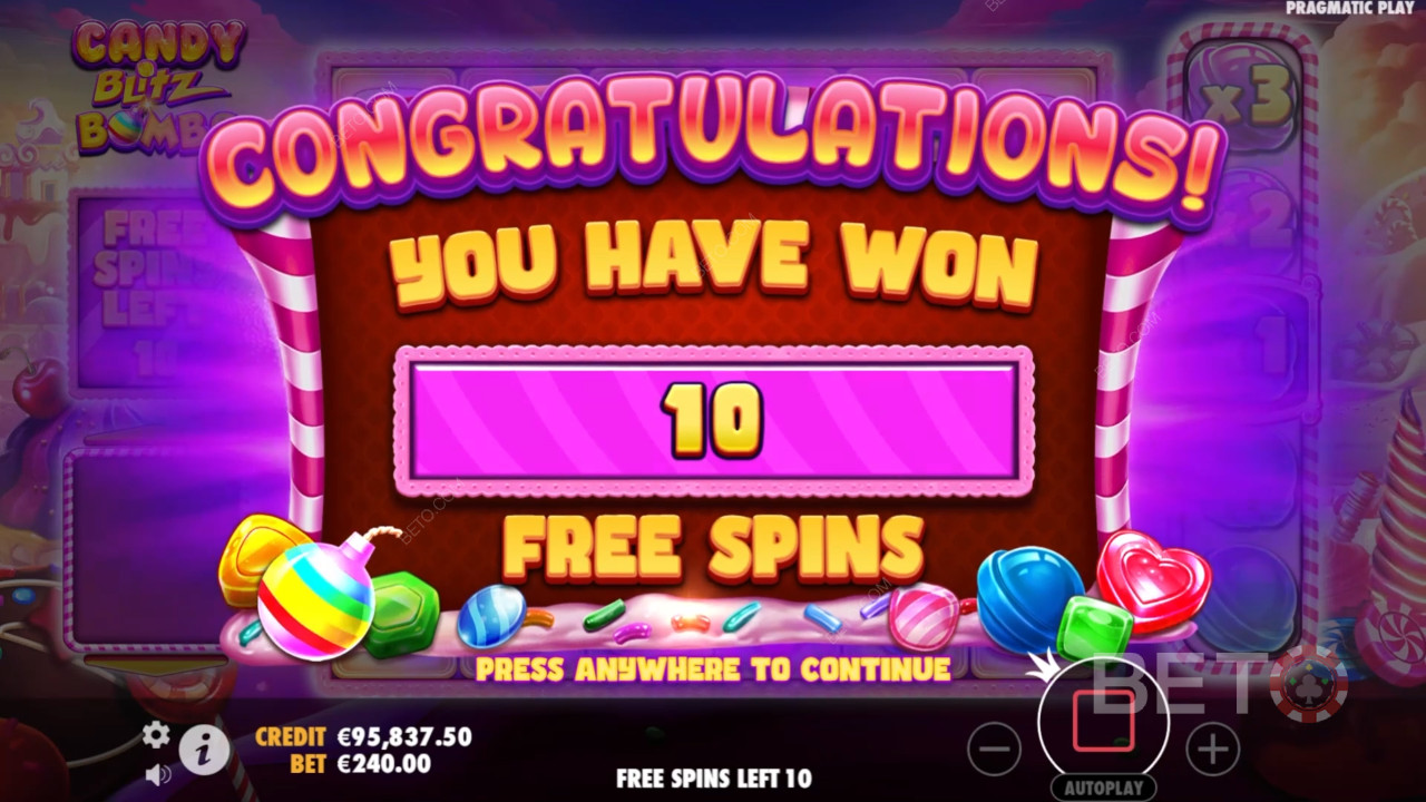 รับรางวัล 5,000 เท่าของเดิมพันของคุณในสล็อตวิดีโอ Candy Blitz Bombs!