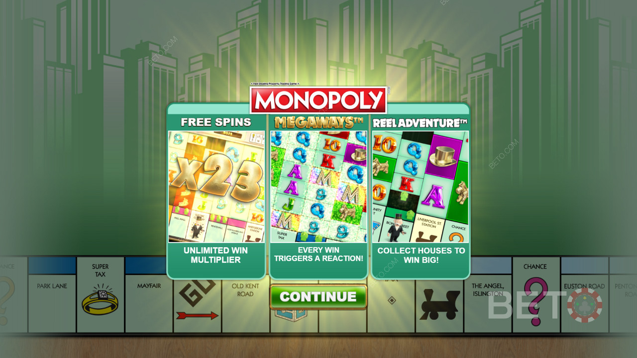 หน้าจอเริ่มต้นของ Monopoly Megaways