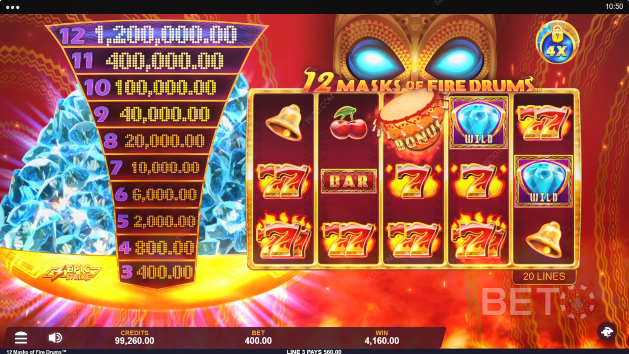 รีวิว 12 Masks of Fire Drums โดย BETO Slots