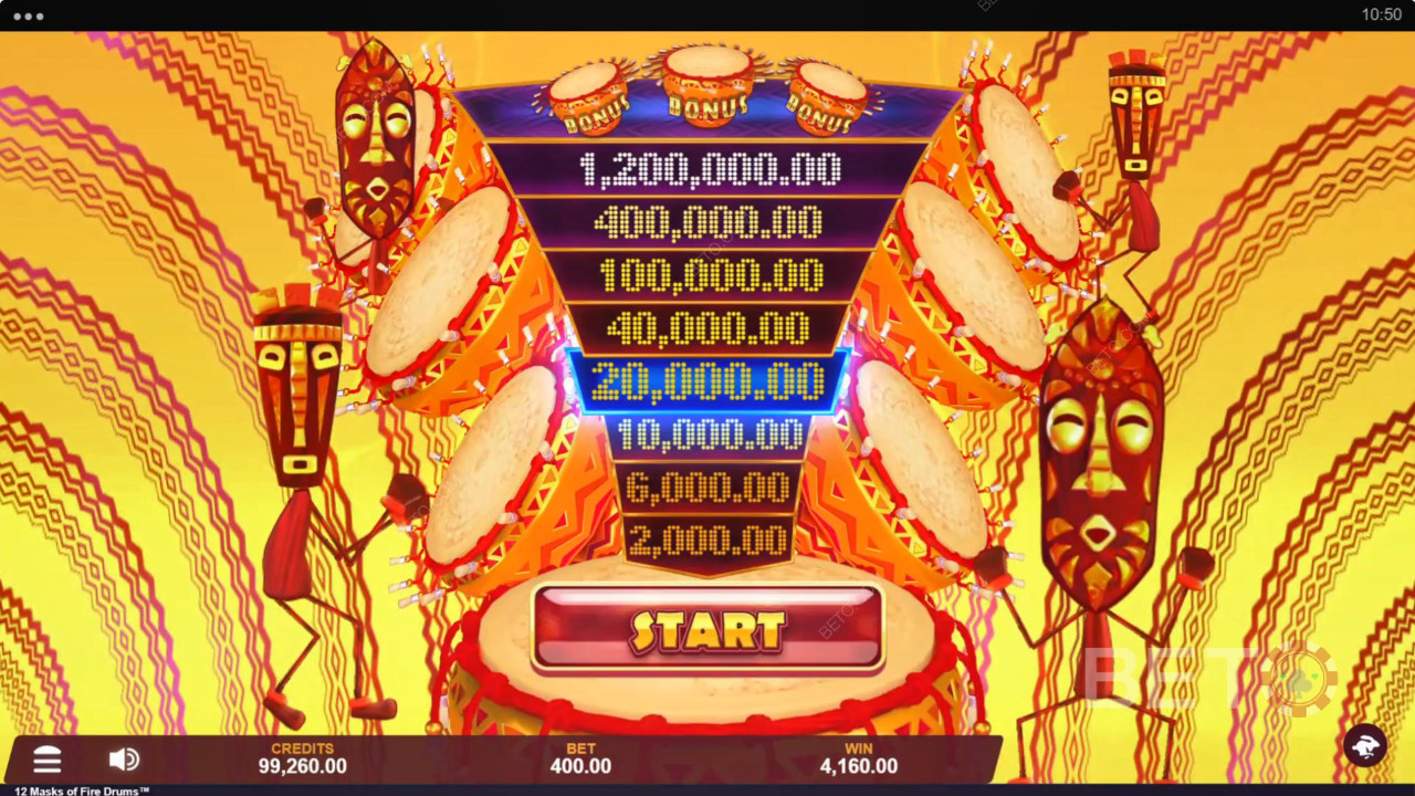รับรางวัล 3,125 เท่าของเดิมพันของคุณในสล็อตแมชชีน 12 Masks of Fire Drums!