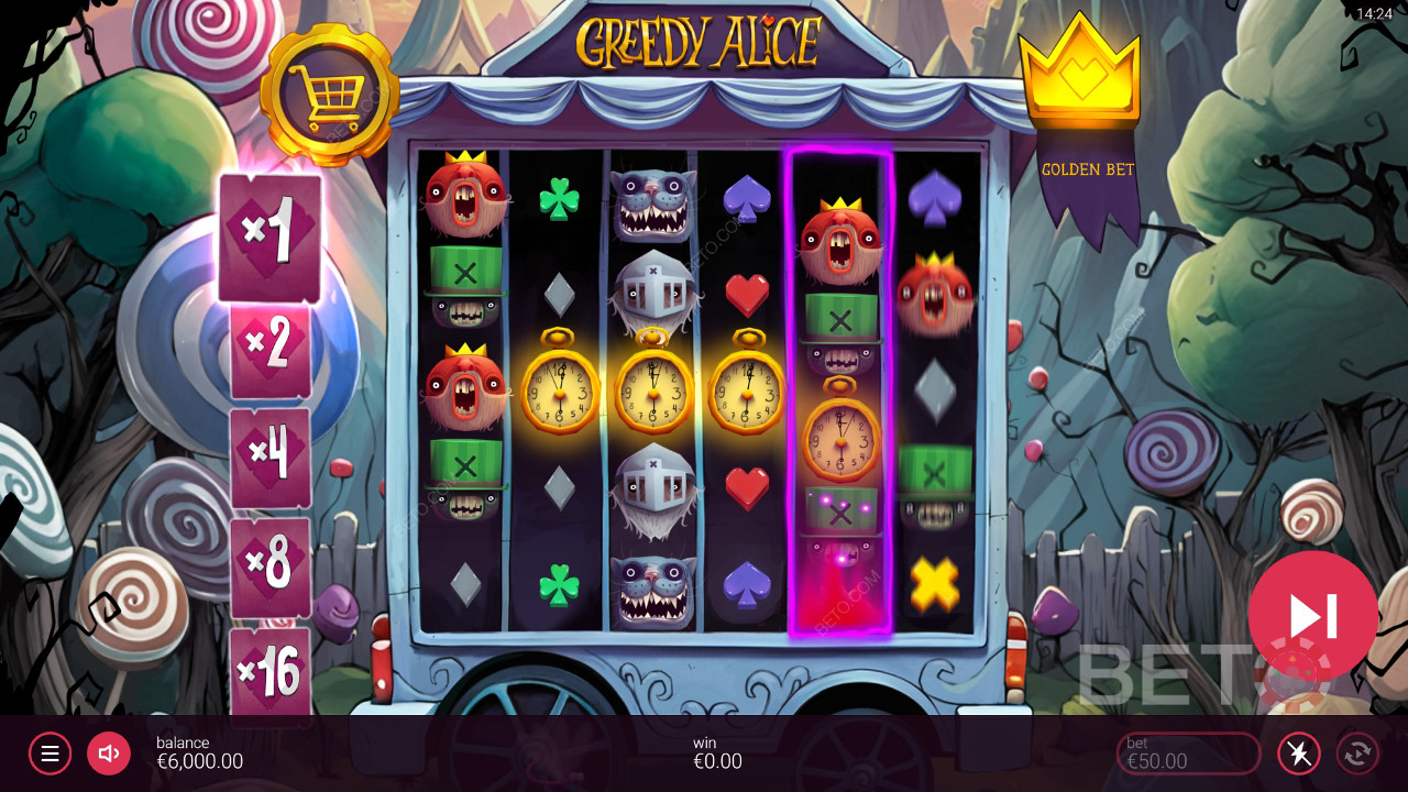 รับรางวัล 20,000 เท่าของเดิมพันของคุณในสล็อตวิดีโอ Greedy Alice!