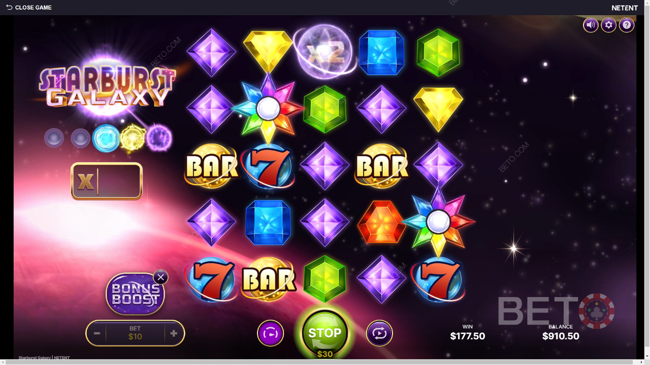 ชนะ 25,000 เท่าของเงินเดิมพันของคุณในสล็อต Starburst Galaxy!