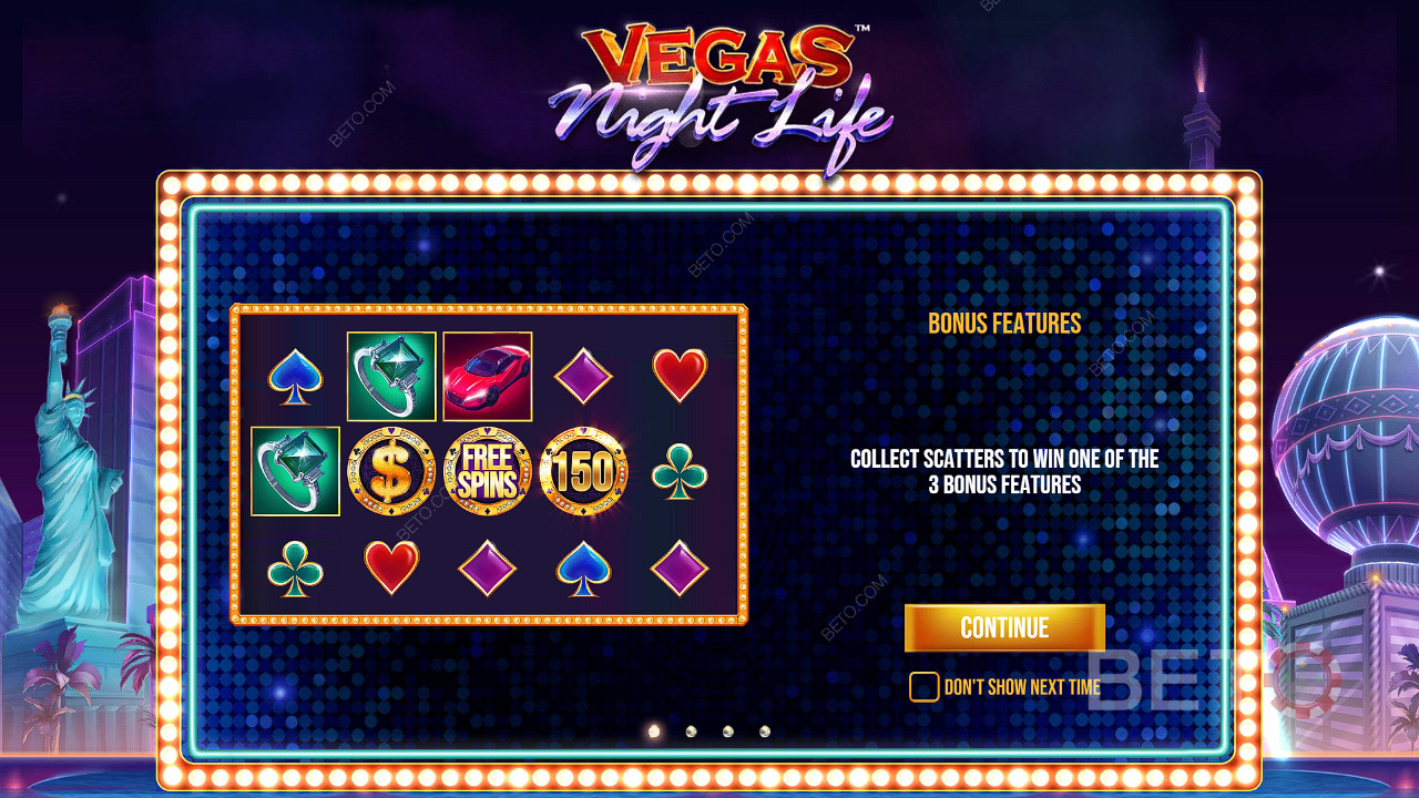 3 Scatters จะให้รางวัลหนึ่งในโบนัสแก่คุณในสล็อต Vegas Night Life