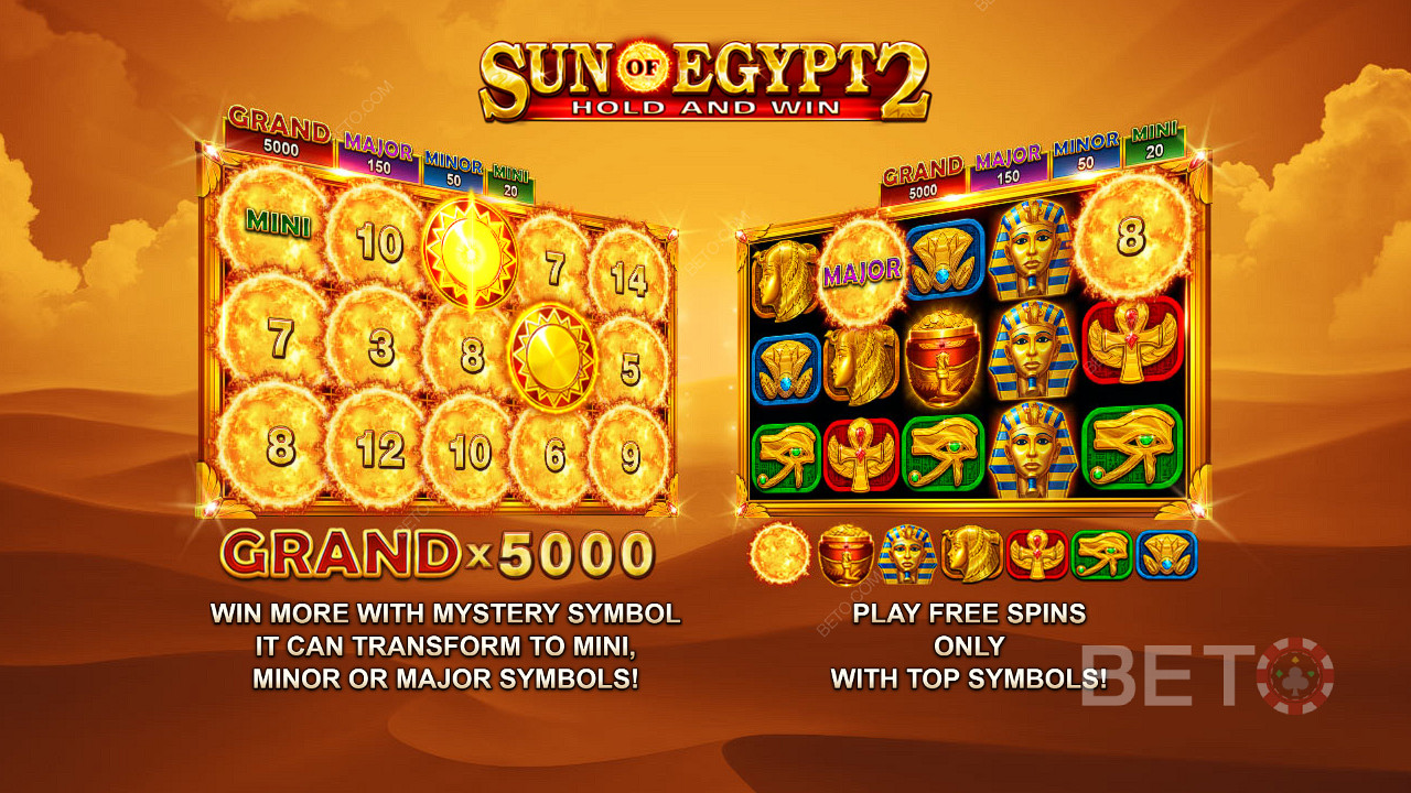 เพลิดเพลินไปกับแจ็คพอตมูลค่าสูงถึง 5,000x ของเงินเดิมพันของคุณและหมุนฟรีในช่อง Sun of Egypt 2