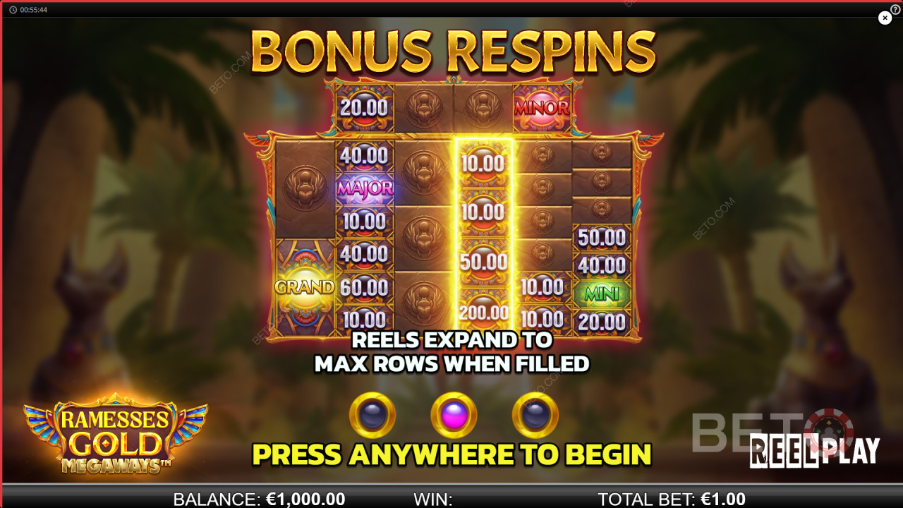 อธิบายฟีเจอร์โบนัสใน Ramesses Gold Megaways โดย Reel Play