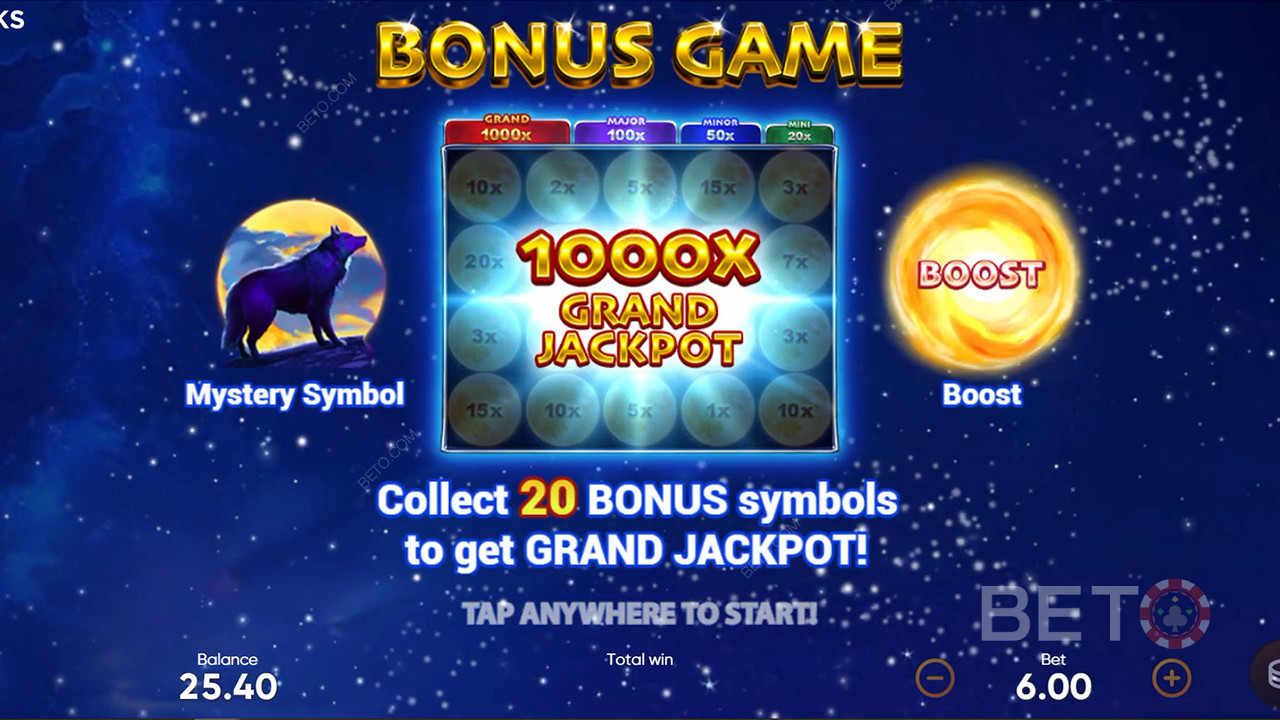 รวบรวม 20 สัญลักษณ์โบนัสในเกมโบนัสเพื่อปลดล็อก Grand Jackpot