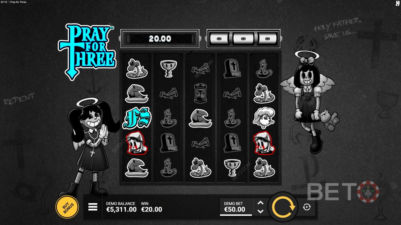 อธิบายฟีเจอร์โบนัสใน Pray For Three โดย Hacksaw Gaming