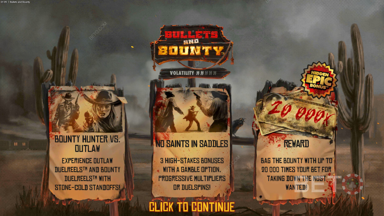 ฟีเจอร์โบนัสต่างๆ อธิบายไว้ในเกม Bullets and Bounty โดย Hacksaw Gaming
