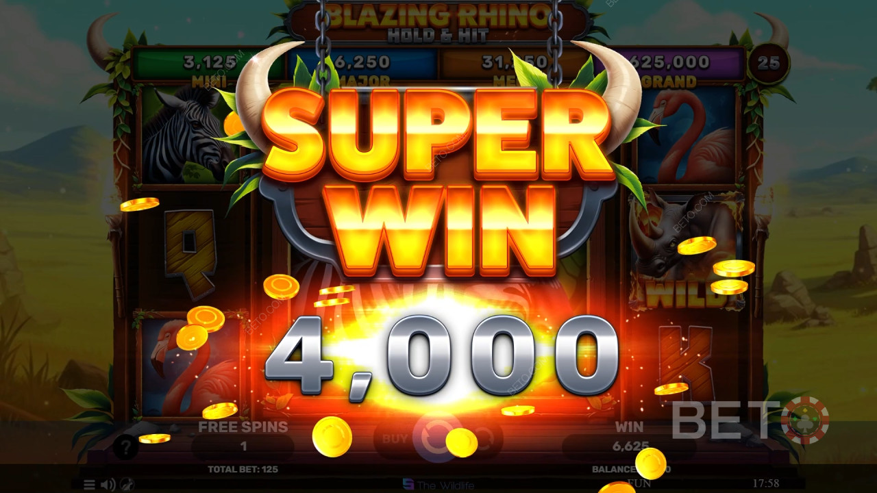 ชนะ 5,000 เท่าของเงินเดิมพันของคุณในสล็อตวิดีโอ Blazing Rhino Hold & Hit!