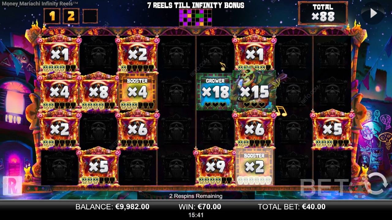 คำอธิบายคุณสมบัติโบนัสในเกม Money Mariachi Fiesta Infinity Reels โดย Reel Play