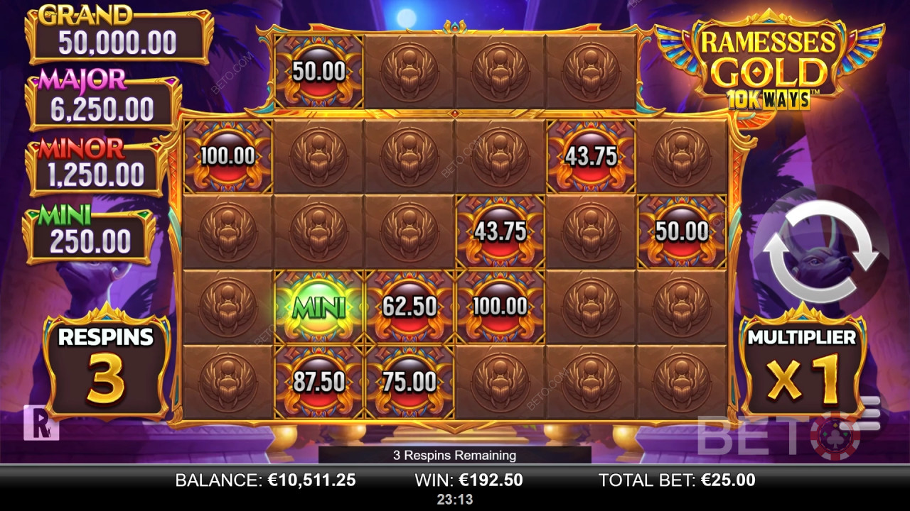 ชนะรางวัล 9,065 เท่าของเงินเดิมพันของคุณในเกมสล็อต Ramesses Gold 10K Ways!