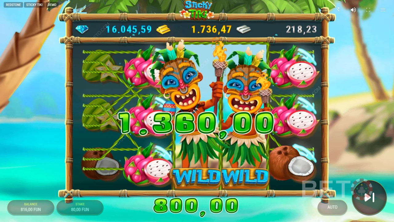 ชนะรางวัล 10,000 เท่าของเงินเดิมพันของคุณในเกมสล็อต Sticky Tiki!
