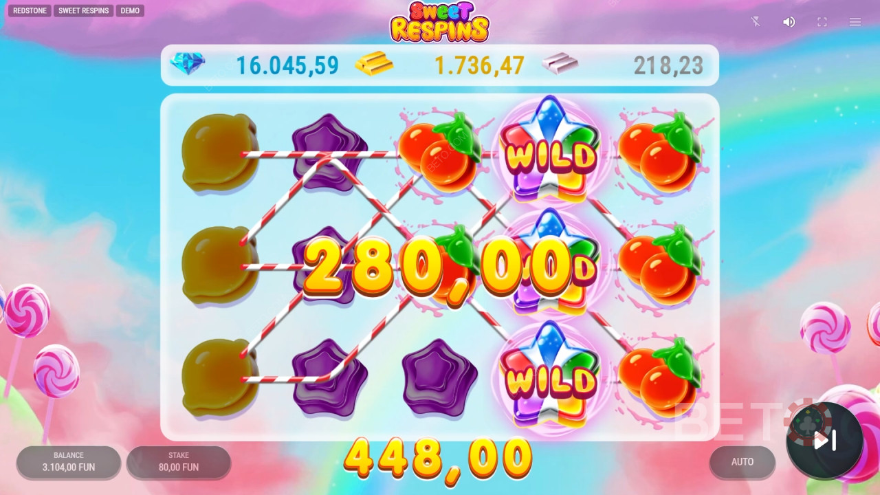 ฟีเจอร์โบนัสต่างๆ อธิบายไว้ในเกม Sweet Respins โดย Redstone