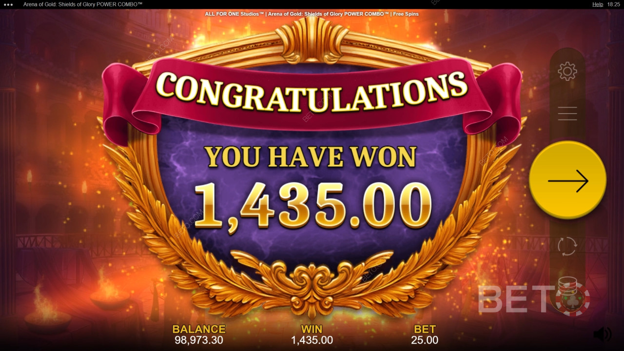 ชนะรางวัล 10,000 เท่าของเงินเดิมพันของคุณในเกมสล็อต Arena of Gold: Shields of Glory Power Combo!