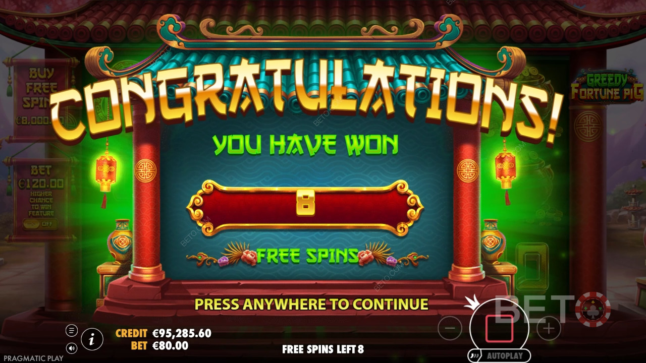 ชนะรางวัล 8,888 เท่าของเงินเดิมพันของคุณในเกมสล็อต Greedy Fortune Pig!