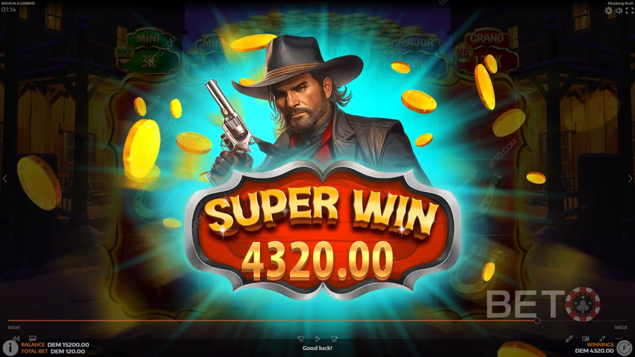 ชนะรางวัล 5,105 เท่าของเงินเดิมพันของคุณในเกมสล็อตออนไลน์ Mustang Rush!
