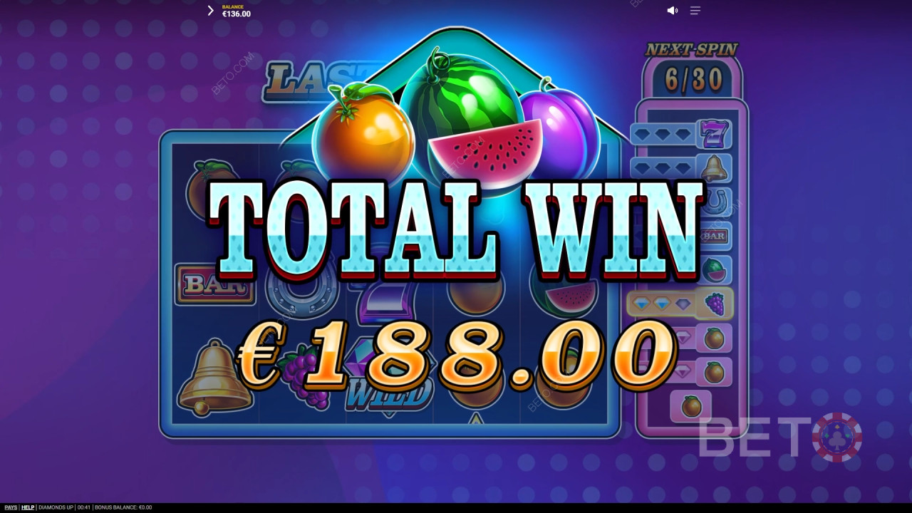 ลุ้นรับรางวัล 20,000 เท่าของเงินเดิมพันของคุณในเกมสล็อต Diamonds Up!