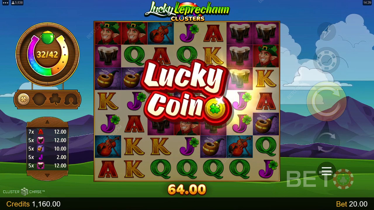 รับรางวัล 4,600 เท่าของเดิมพันของคุณในสล็อตวิดีโอ Lucky Leprechaun Clusters!